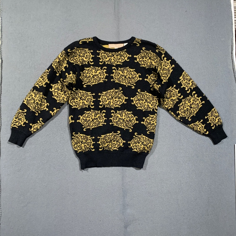 Perry Ellis Portfolio Sweater Women Medium Black Gold Wool Vintage 90s Knit